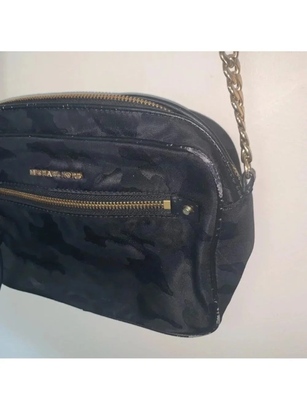 Michael Kors Black and Gold Camo Crossbody Bag